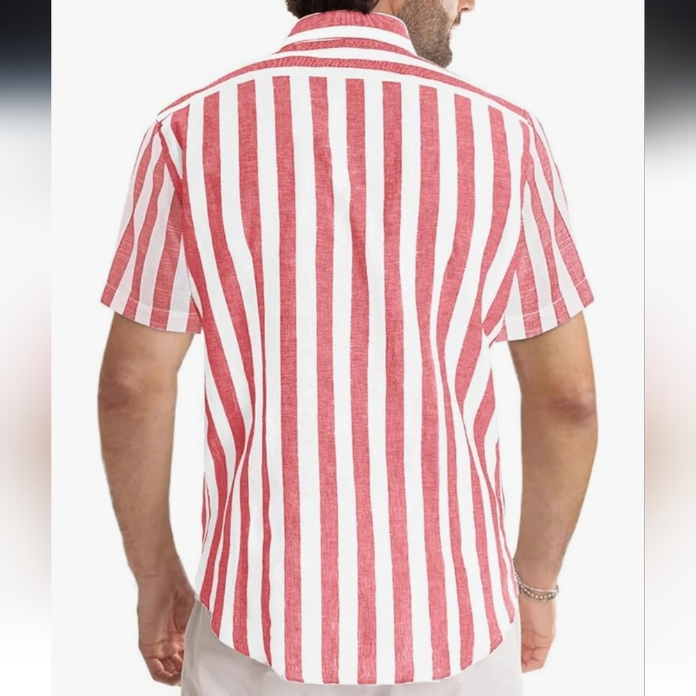 Nwot Mens Red And White Striped Buttondown Top - Picture 2 of 7
